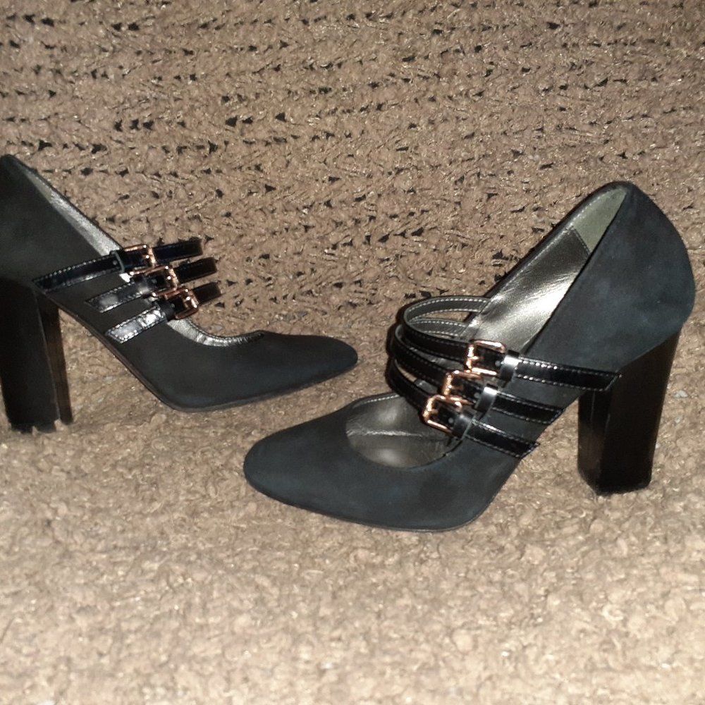 NAVYBOOT-Italy-Black Suede/Leather 3 Strap Mary Jane Pumps-Sz 36-Near Mint